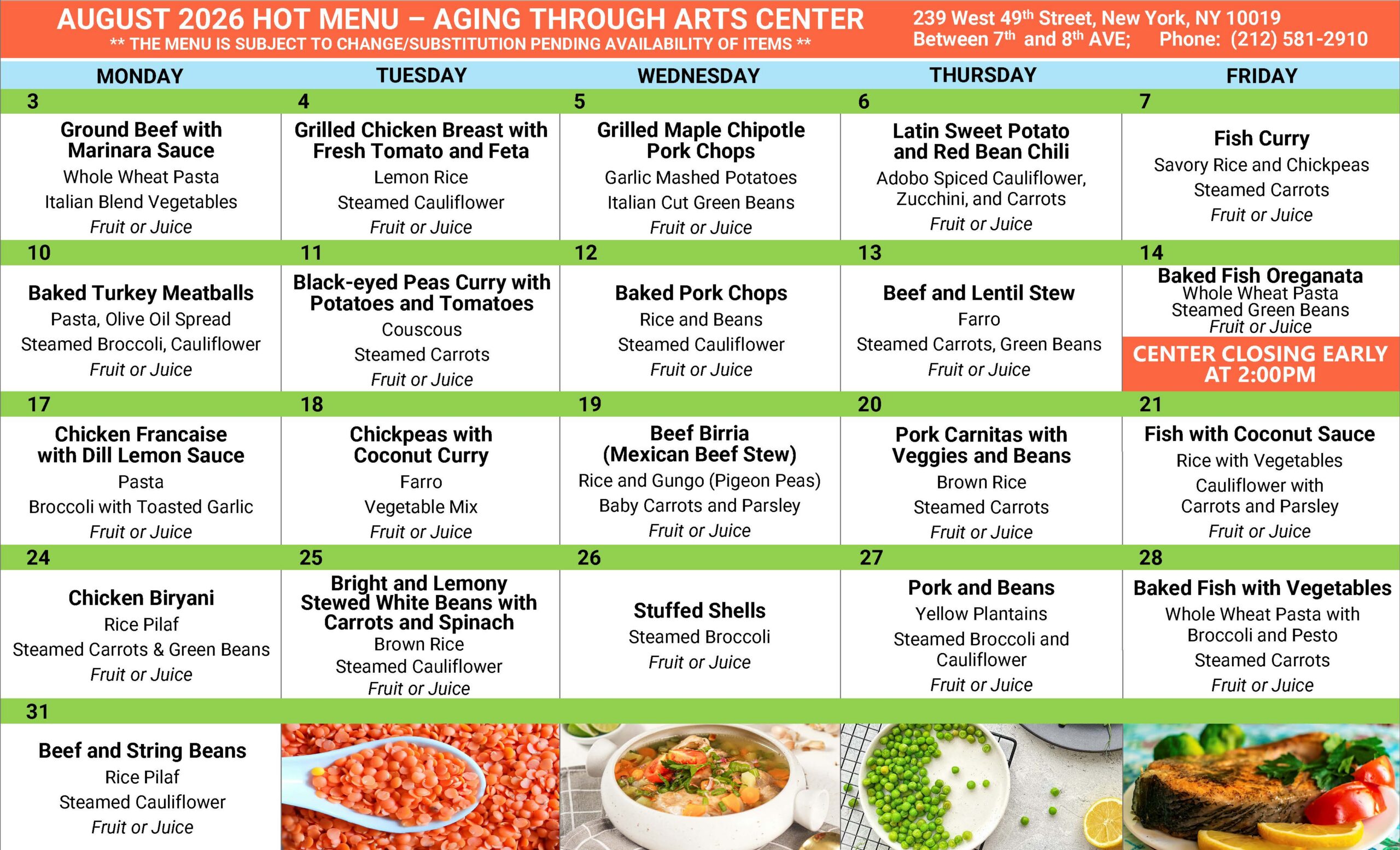 Monthly Menus & Activities - Encore Community Services